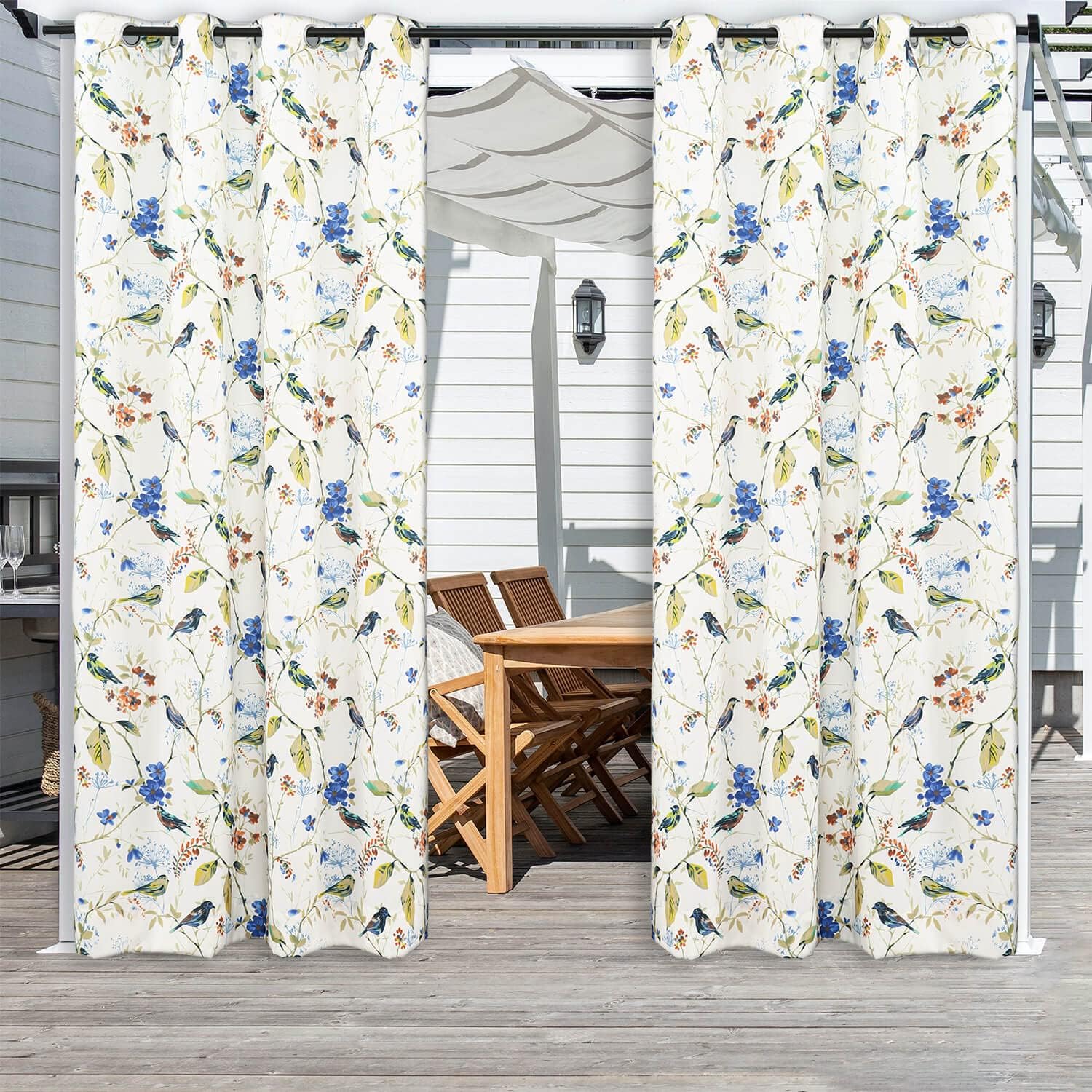 Outdoor Curtains - VOGOL Light Filtering Outdoor Curtains, Blue Birds Printed Waterproof Drapes Solid Window Treatments for Patio, Yard, Porch, Grommet Top, 52 x 96, 1 Panel