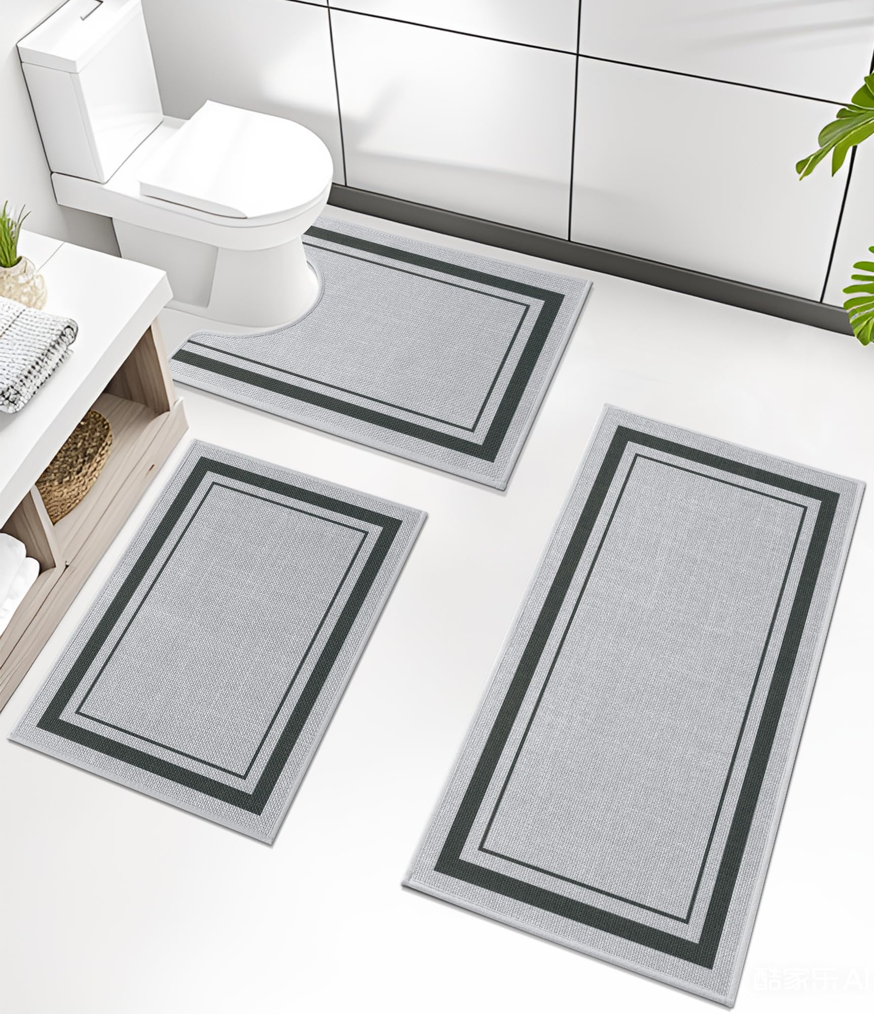 Photo 1 of Chakme 3 Piece Bathroom Rug Set, Ultra Thin Bath Mat, Absorbent, Non Slip, Machine Washable, Light Grey, 17" x 24" / 17" x 30" / 17" x 59" Geometric Design