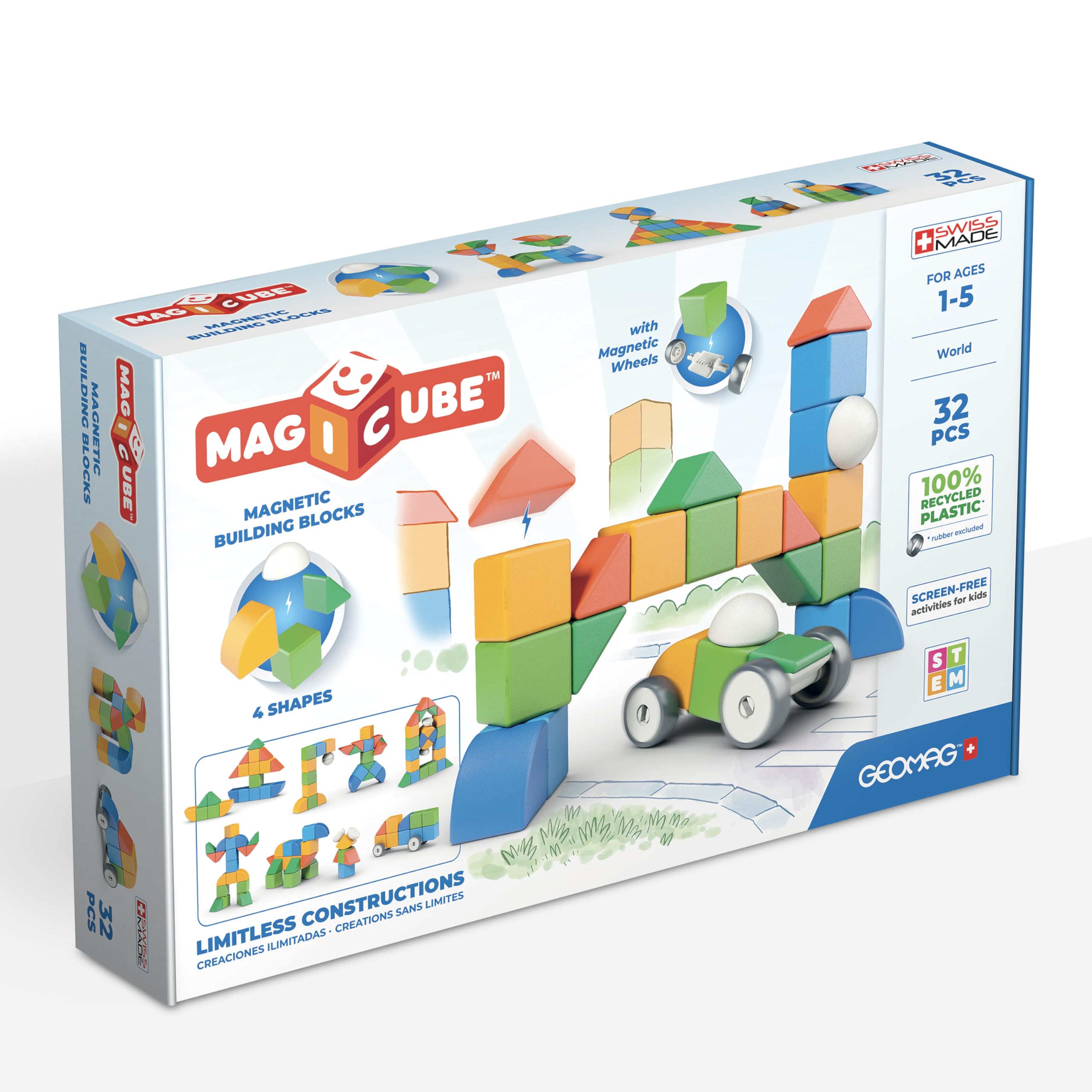 Geomag - Magicube 1+ Shapes - Magnetic Blocks for Kids - 4 Colours and Shapes - 32 Cubes – 100 Percent Recycled Plastic,Blue, Green, Yellow, Red
