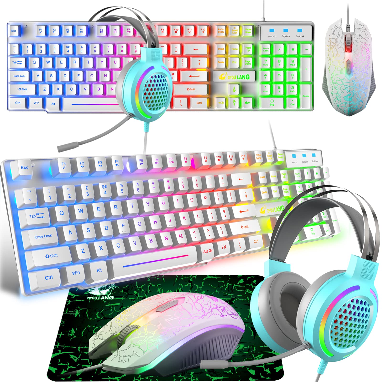 Gaming Keyboard Headset & Mouse Set, 104 Keys Rainbow Backlit UK Layout Keyboard 2400DPI Lightweight Honeycomb Headset Mouse Pad Combo for PS4 Xbox (Need Adapter) White