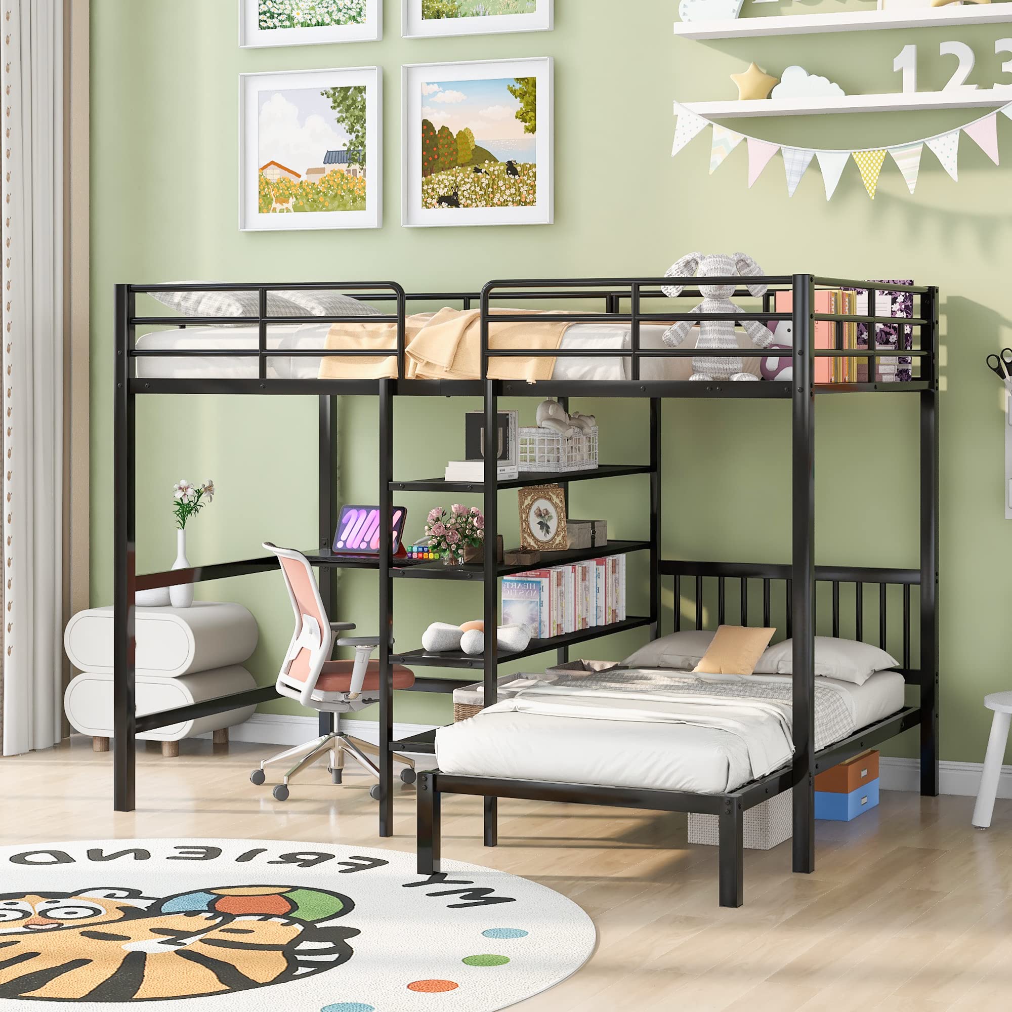 Photo 1 of ***Partial set***Merax Full Over Twin Metal Bunk Bed, L Shaped Loft Bed Frame with Built-in Desk, Shelves, and Ladder, Black