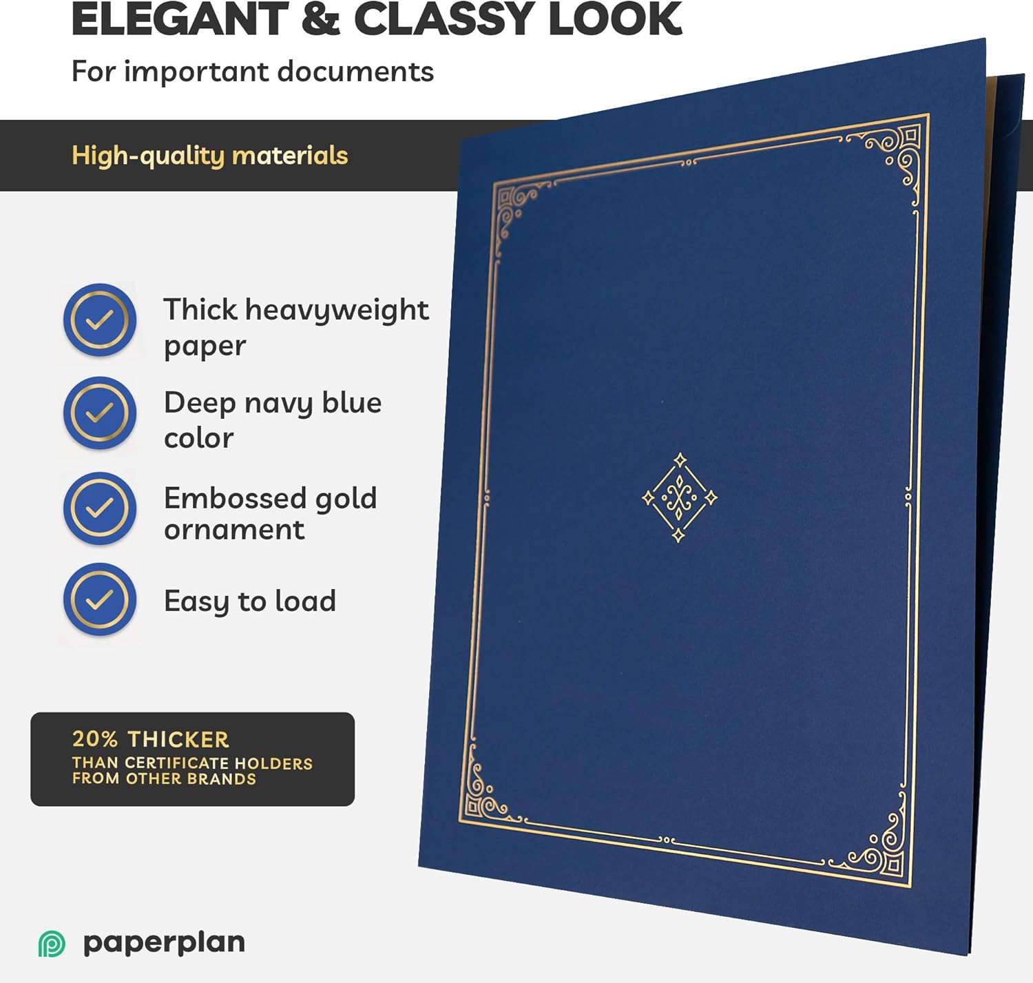 Blue Certificate Holders 8.5x11" (30 Per Set) - Gold Foil Border, Die Cut Corner Slots, Reinforced Edges - Protect and Secure Graduation Diploma, Recognition, Award, Documents // Paper Plan : Office Products