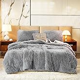 Flysheep Luxury Faux Fur Shaggy Comforter Set King Size, Plush & Sherpa Reversible Comforter Grey, 3 Pieces Fluffy Fuzzy Bedding Set Ultra Soft and Warm for Winter (1 Comforter + 2 Pillowcases)