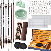 Sabary 14 Pcs Chinese Calligraphy Brush Gift Set with Water Writing Cloth | Sumi Painting Tools, Brush Stand with Bowl, Ink Dishes, Storage Case, Kanji Art Supplies for Professional and Beginner