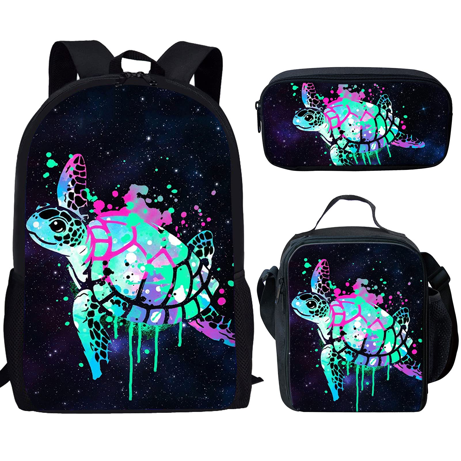 Showudesigns Sea Turtle Kids Backpack with Lunch Box Galaxy School Backpack for Boys Girls Lunch Bags Pencil Case for School, Travel Daypack Rucksack
