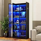 Dystler 5-Tier Display Cabinet with Glass Doors and Adjustable Shelves | 65" Tall Curio Case Bookcase for Collectibles &amp; Models, Motion Sensor LED Lights for Bedroom Living Room Office, Black