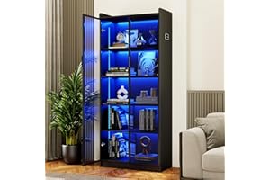 Dystler Display Cabinet with Doors and Adjustable Shelves, 65" Tall Bookcase with LED Lights/Human Sensor, 5 Tier Display Case for Collectibles Bedroom Living Room Office, Black