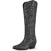 IDIFU IN3 Sparkly Cowboy Cowgirl Boots for Women Knee High Tall Long Glitter Dress Low Chunky Block Heel Sequin Sparkle Wedding Party Date Bride Ladies Bling Shiny Boots