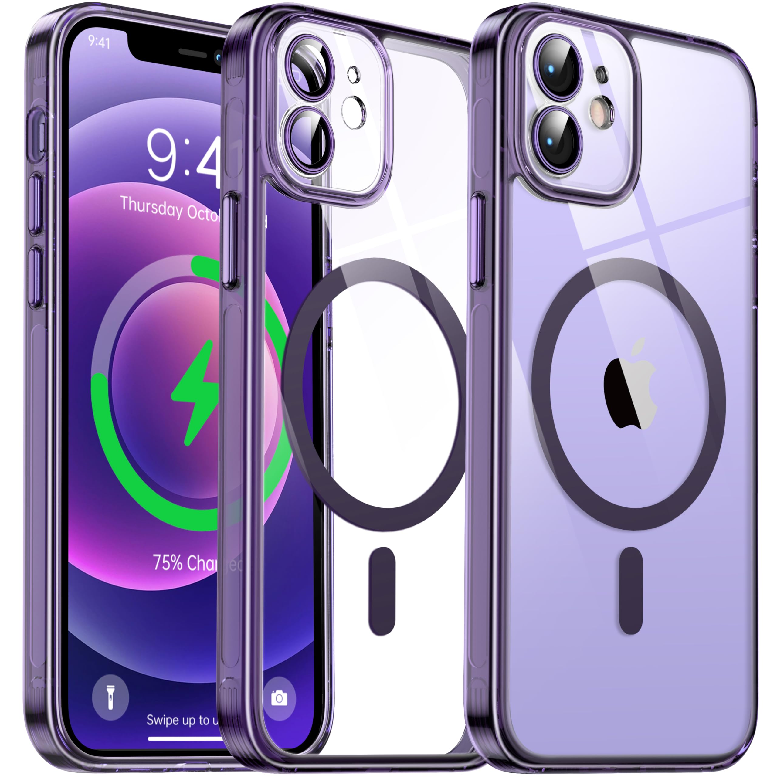 Flyzoo Clear Magnetic Case for iPhone 12 (6.1'') with Camera Protector, [Compatible with MagSafe] [Non-Yellowing] [Shockproof & Antiscratch Protection] Hard Transparent Cover with Silicone Edge,Purple