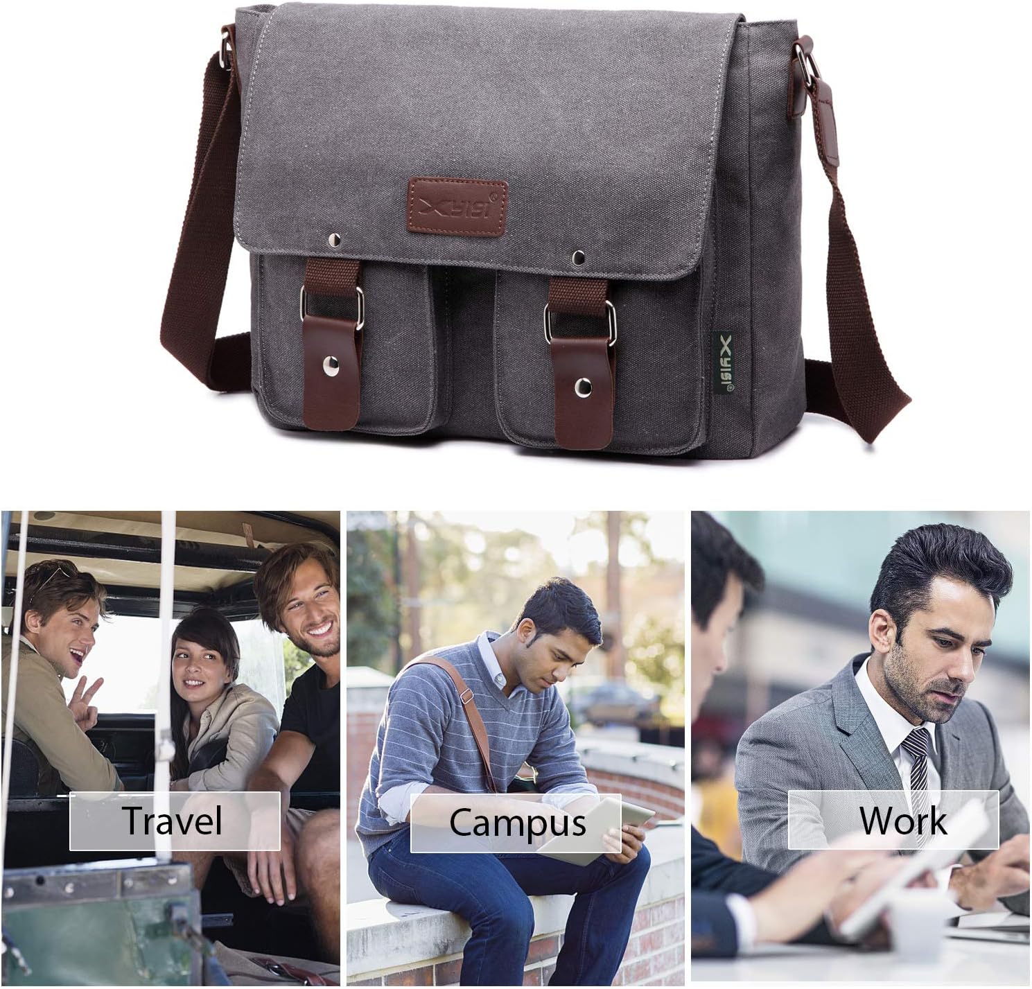 FANDARE Vintage Crossbody Bag Unisex Canvas Messenger Bag 7.9 inch Tablet Satchel Bag Travel Shoulder Bag Working Bag Bookbag Briefcase for Men and Women Gray - Image 4
