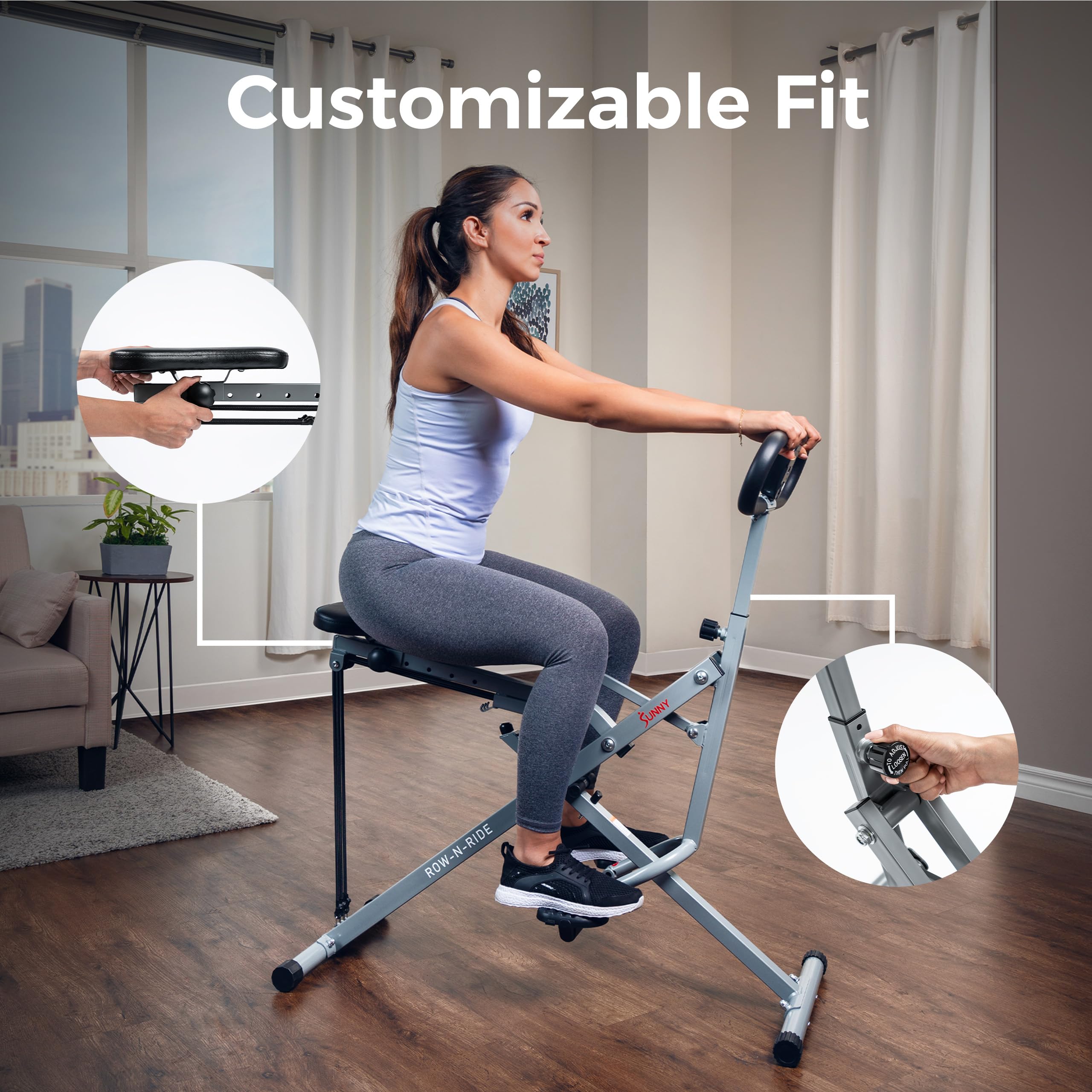 Sunny Health & Fitness Smart Row-N-Ride Glute & Leg Trainer, Foldable Squat Assist Rower with Exclusive SunnyFit App Connection