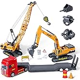Kids Construction Toys for Boys, Playset of Excavator Toy, Crane Toy & Semi Truck Toy Tractor Lowboy Trailer, Construction Trucks for Toddler, Ideal Birthday Party Favor Gift for 3 Years Old and Up