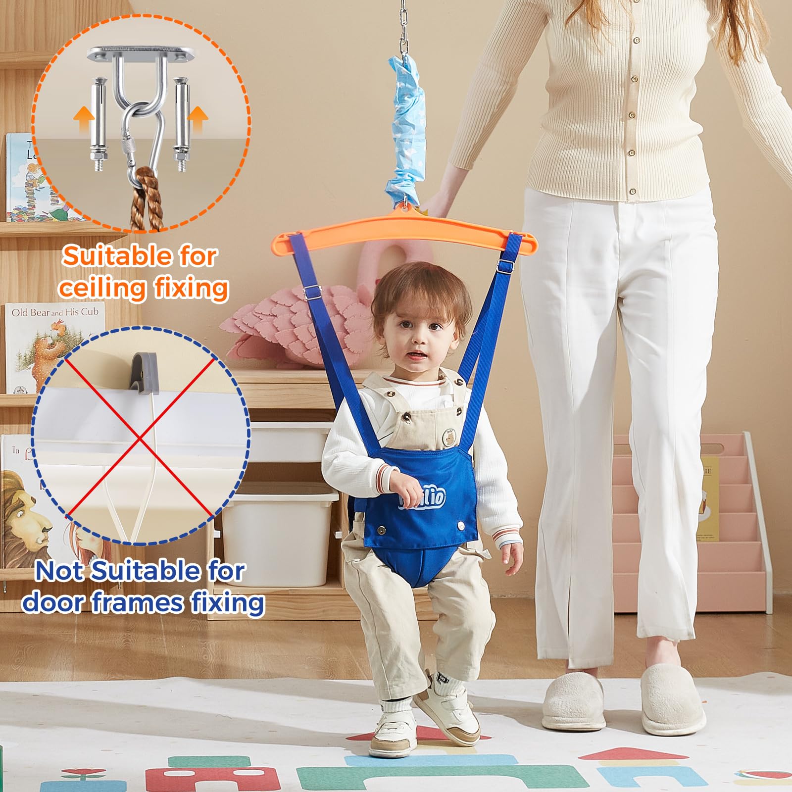 FUNLIO Baby Jumper with a Ceiling Hook for 6-24 Months, Baby Door Jumper for Indoor/Outdoor Play, Infant Jumper Doorway with Adjustable Chain, Easy to Assemble & Store (with a Ceiling Hook)