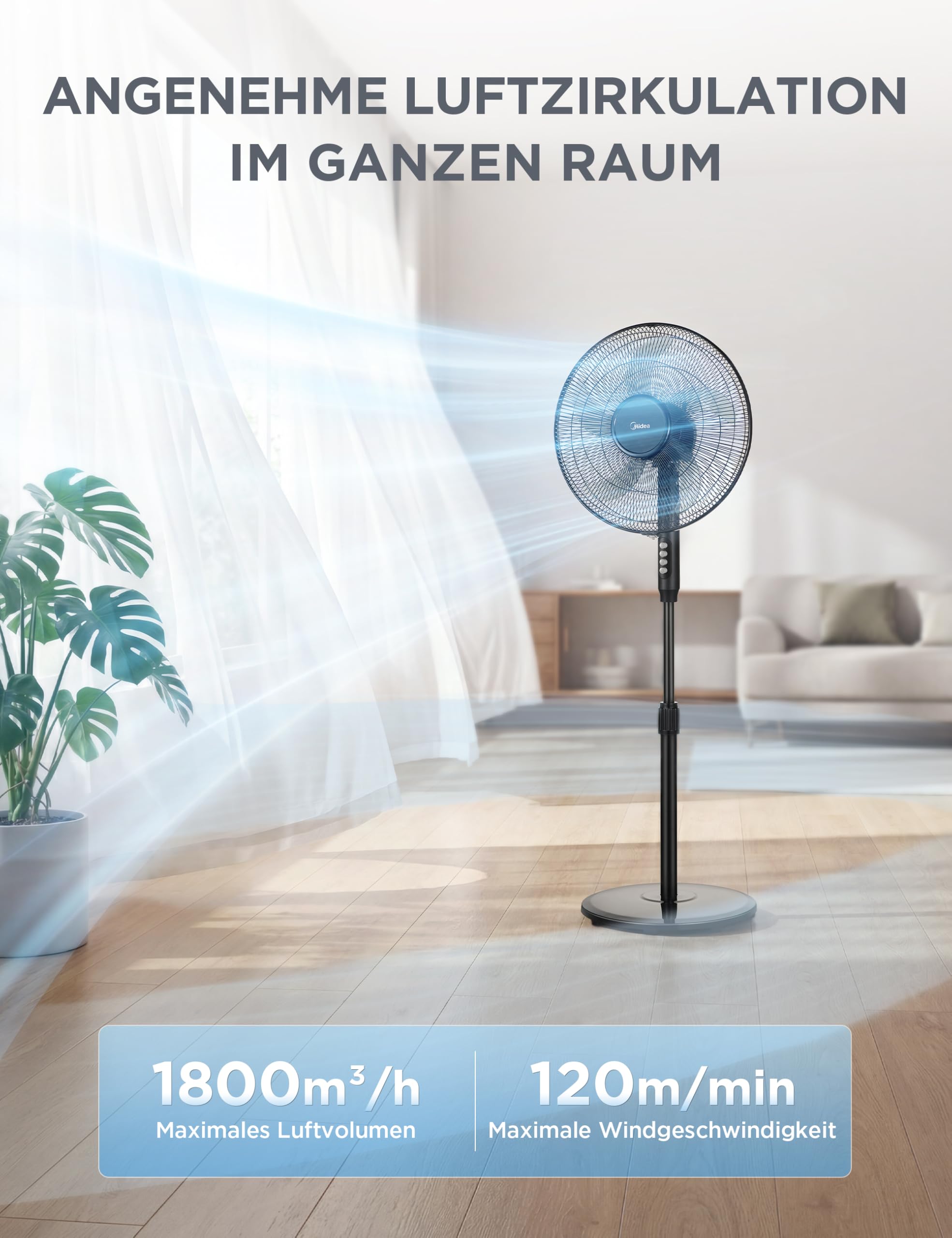 Midea Standventilator FS40-25JA mit Fernbedienung, 5 Flügel, 40W Energiesparend, Höhenverstellbar bis 122cm, Leise, Schwarz 5