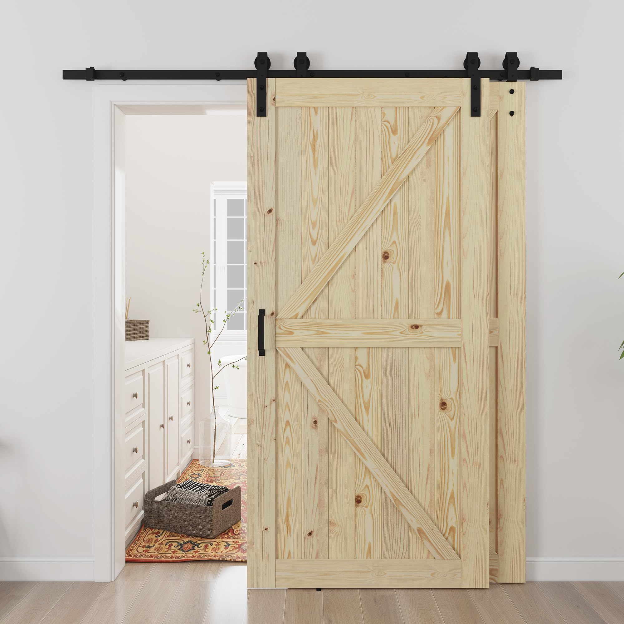 Photo 1 of *** HARDWARE KIT ONLY***SMARTSTANDARD Double 42"x84" Bypass Barn Door with 7FT Track Hardware Kit Included, Unfinished Solid Wood, DIY Support, A Simple Assembly is Required