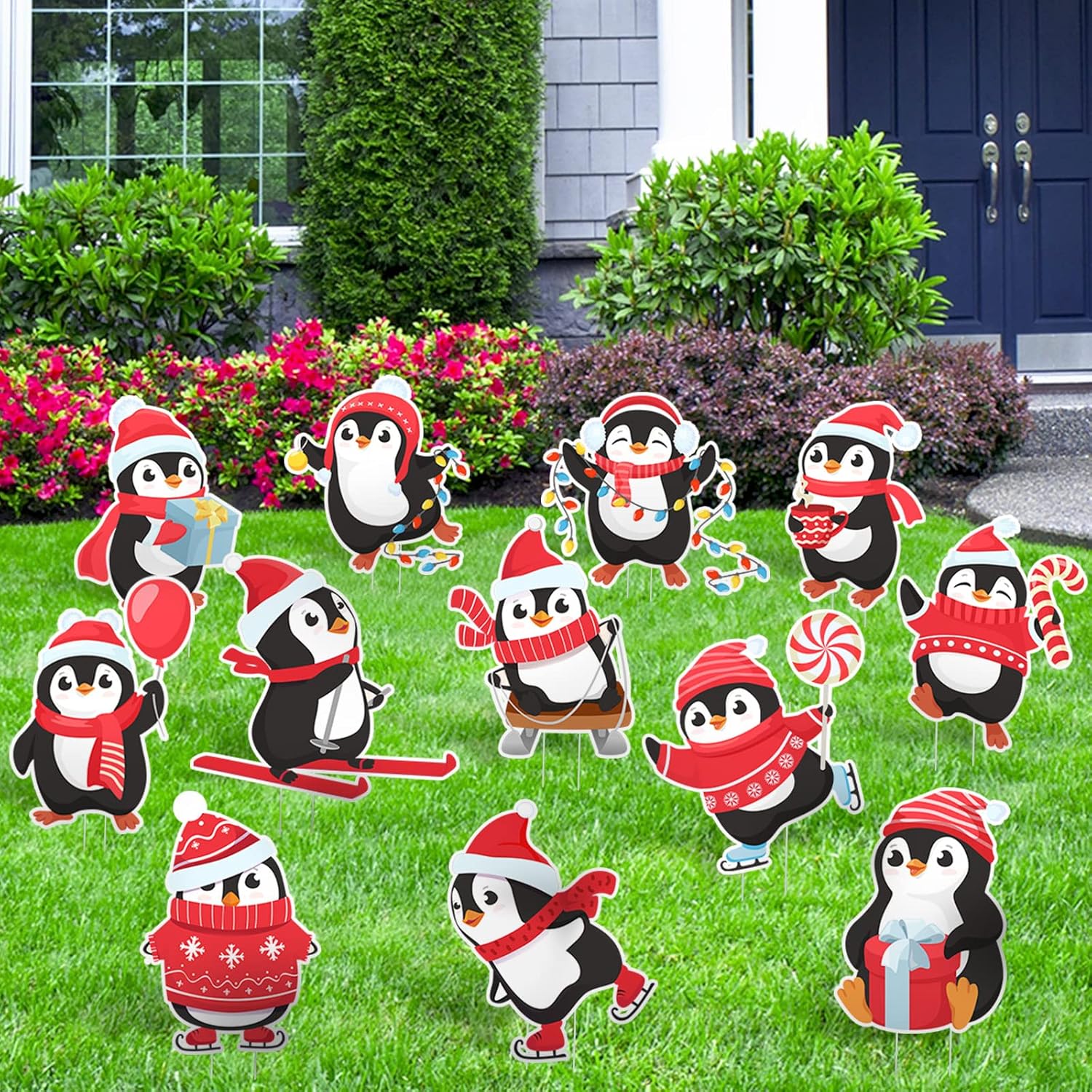 Yard Signs - 12 Pcs Christmas Penguin Yard Signs with Stakes Cute Xmas Penguin Lawn Decorations Outdoor Waterproof Penguin Christmas Decorations for Christmas Yard Garden Lawn Holiday Outside Party Decor Gift