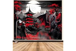 GOAOK Anime Samurai Tapestry, Cool Red and Black Medieval Fantasy Dragon Tapestry Wall Hanging for Men, Mountain Forest Nature Sunset Dark Asia Japanese Tapestries Aesthetic for Living Room College, 60x40