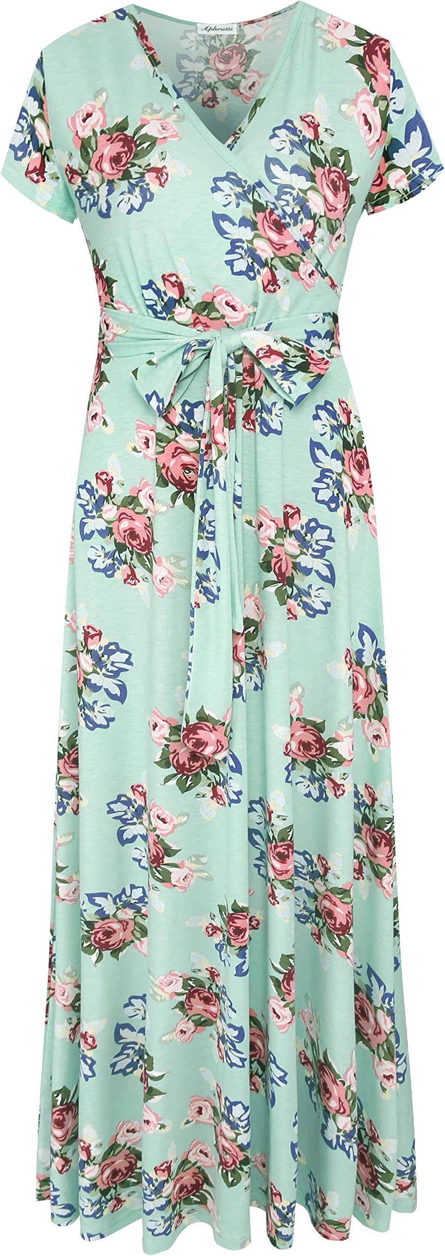 Aphratti Women's Bohemian Casual Short Sleeve V Neck Faux Wrap Floral Maxi Dress
