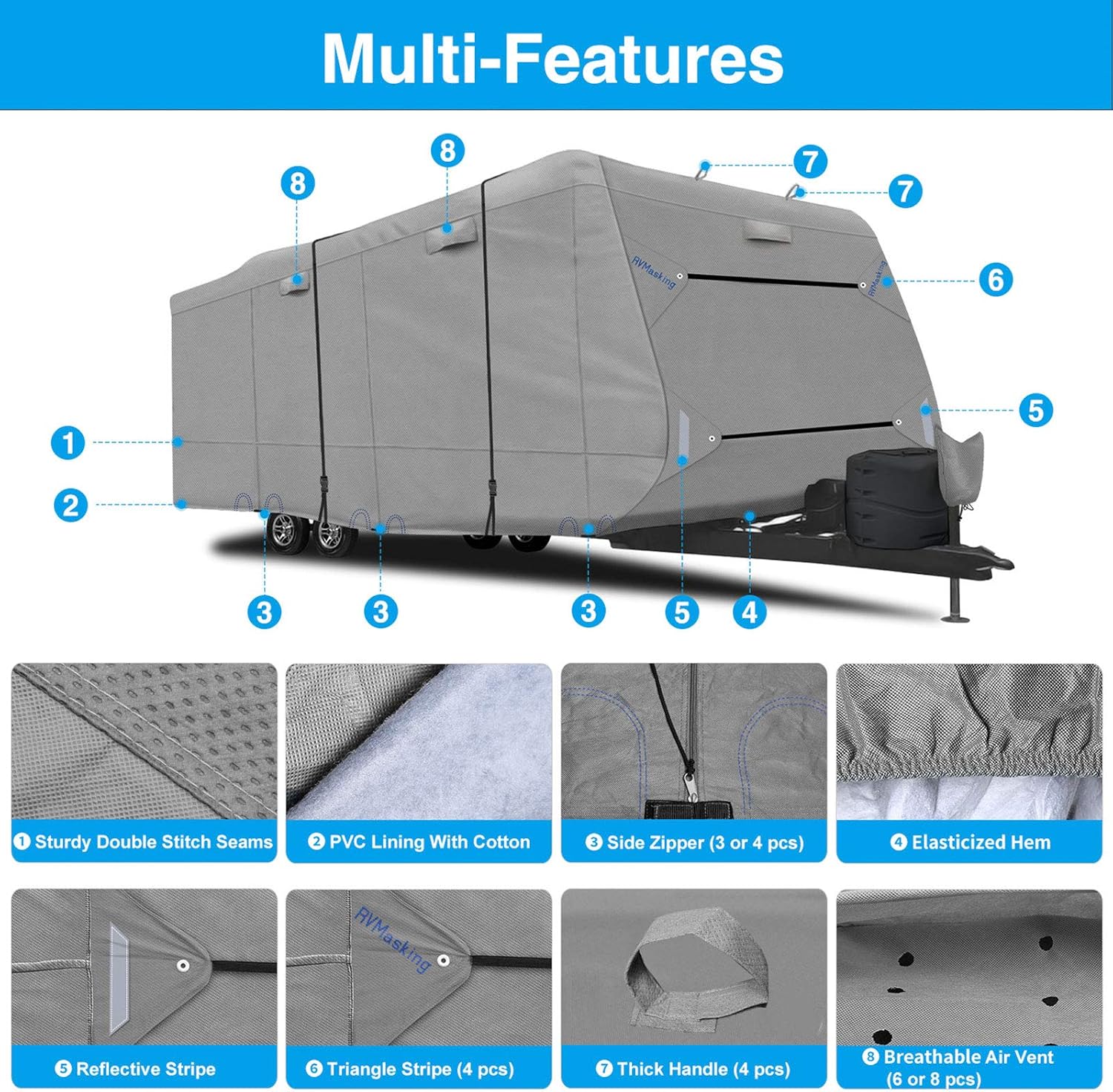 RVMasking Upgraded 6 Layers Top Travel Trailer RV Cover Waterproof Camper Cover for 26'1" - 28'6" RV - Prevent Top Tearing Caused by Sun Exposure with 4 Tire Covers 2 Straps, Tongue Jack Cover: Automotive