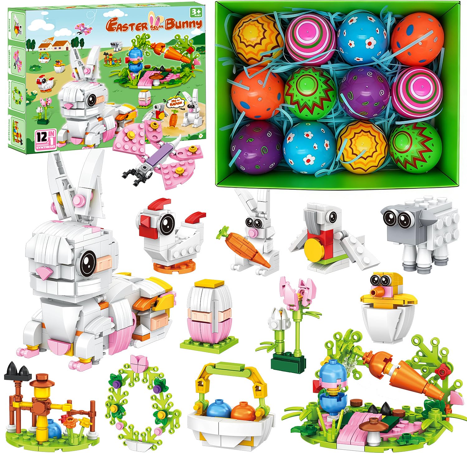 3.5"Prefilled Easter Eggs with Easter Bunny Building Blocks Toy Set - 12 in 1 Rabbit Building Kit, Easter Basket Stuffer Egg Hunt Party Favors Classroom Prizes Filled Easter Egg Gift for Kids Boy Girl