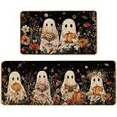 Baccessor Halloween Ghost Kitchen Rugs Set of 2,Spooky Pumpkin Fall Floral Black Mat Rug Indoor Outdoor Low-Profile Non Slip Absorbent Floor Mats for Home Party Holiday Decor 17x29 and 17x47 Inch