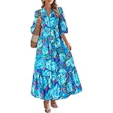MASCOMODA Womens Floral Maxi Dresses Boho Summer Casual V Neck 3/4 Puff Sleeve Button Down Tie Waist Long Flowy Shirt Dress