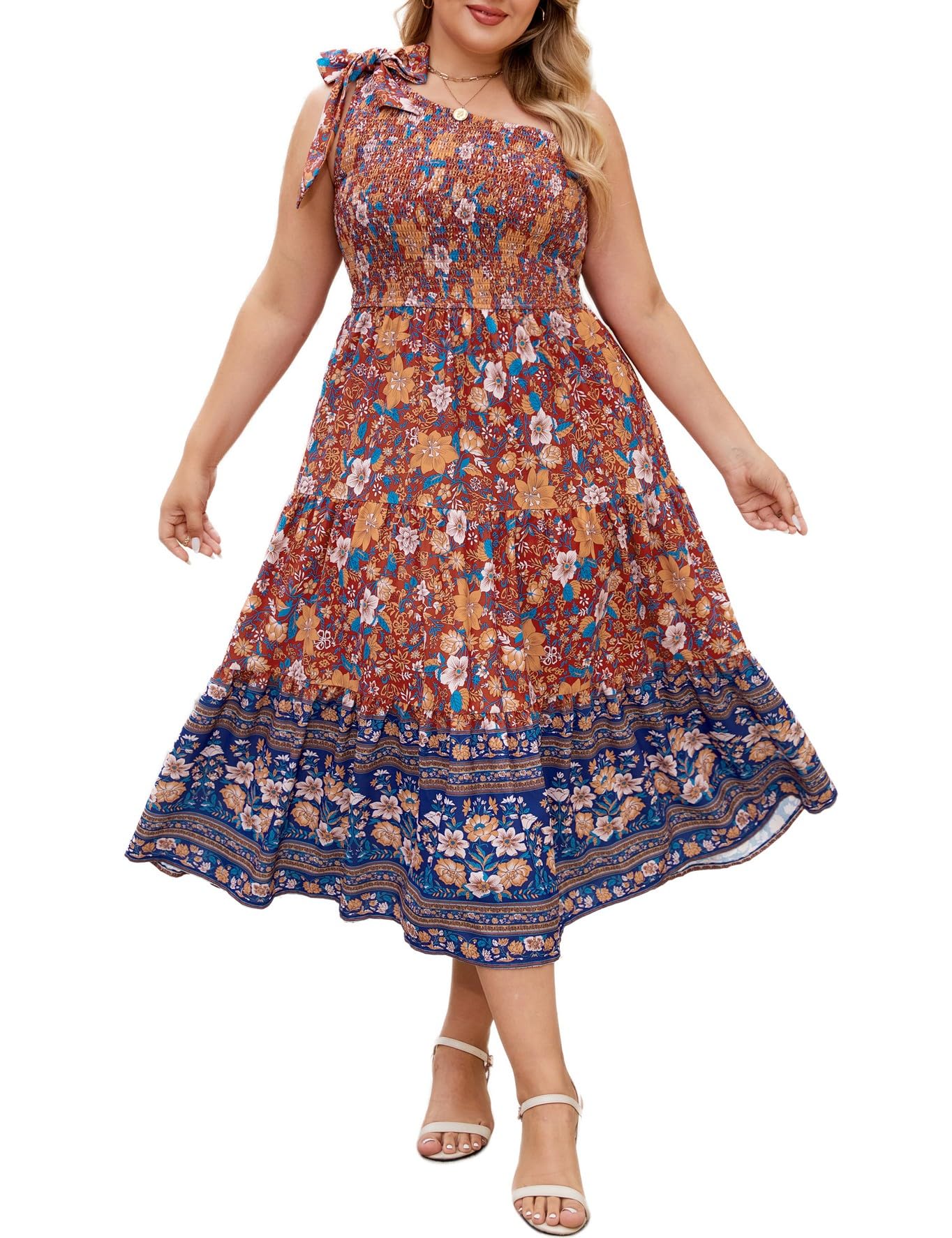KIMCURVY Plus Size Summer Dress for Curvy Women Elegant Smocked Maxi Tiered Flowy Dress with Pockets Orange Print 16W 1X