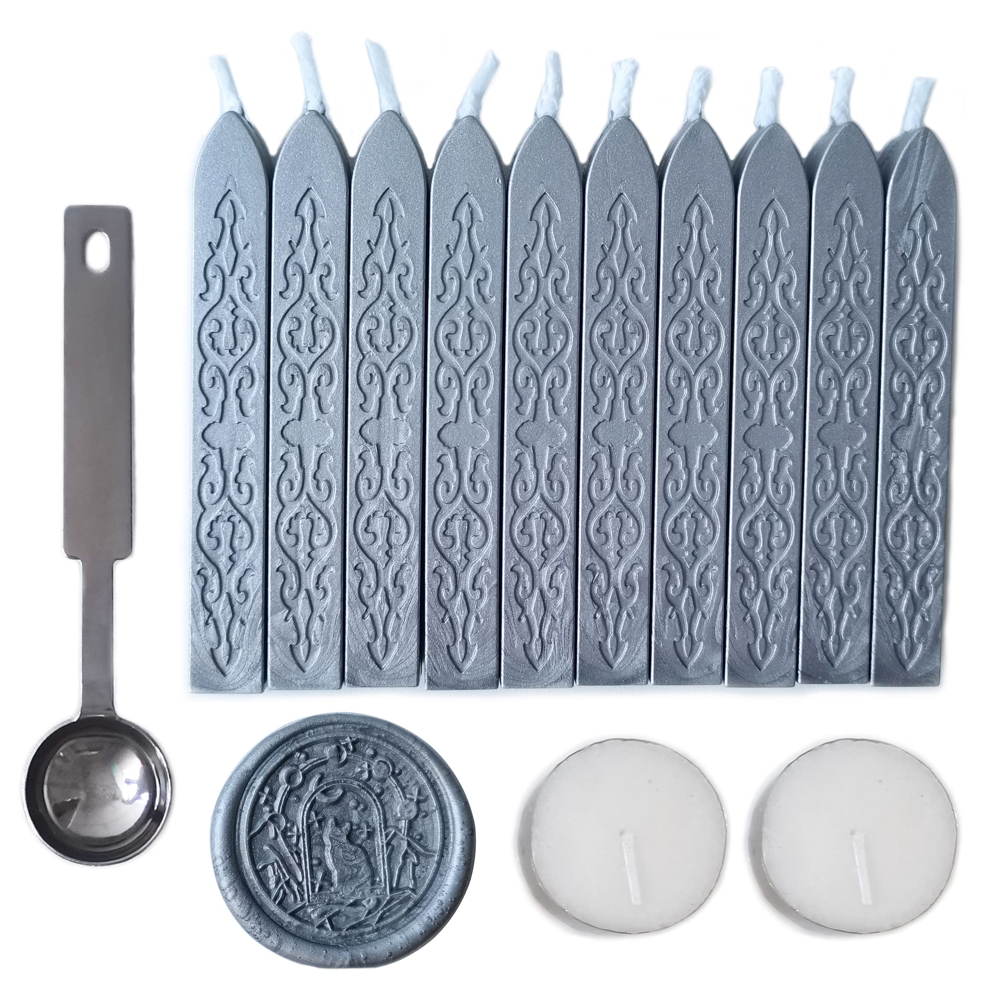 Sealing Wax Sticks with Wick, AMTOL 10 PCS Wax Seal Sticks with 2 Pcs White Candles and 1 Pcs Wax Melting Spoon, for Wedding Invitations,Cards Envelopes and Seal Stamp (Silver)