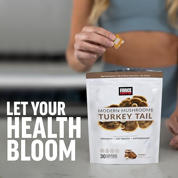 FORCE FACTOR MODERN MUSHROOMS SOFT CHEWS, TURKEY TAIL MUSHROOM SUPPLEMENT TO SUPPORT IMMUNITY, DIGESTIVE HEALTH, AND VITALITY, ANTIOXIDANTS SUPPLEMENT, DELICIOUS S’MORES FLAVOR, 30 SOFT CHEWS
