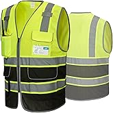 COOLJOB 9 Pockets Reflective Mesh Safety Vest for Men, Hi-vis Work Vest for Construction, Class 2 ANSI Standard, Black Yellow