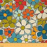 Feelyou Retro Hippie Flower Fabric by The Yard 1 Yard 60S 70S Groovy Decorative Waterproof Cartoon Vintage Boho Plant Floral Botanical Upholstery for Chairs Green Blue Fabric