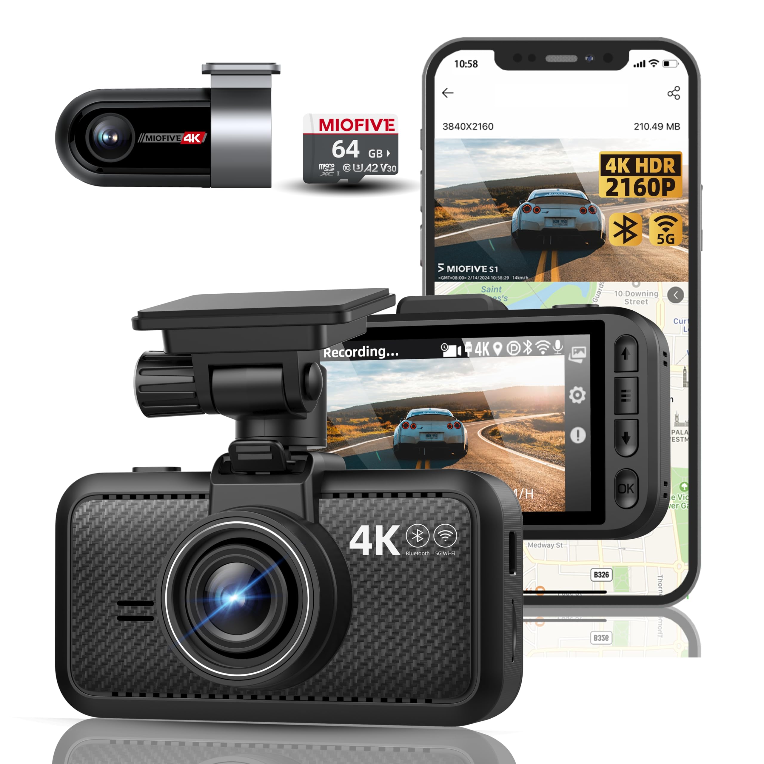 Photo 1 of Dash Cam Front and Rear, 4K Front + 4K Rear Full HD Dash Camera for Cars Built-in Wi-Fi Bluetooth GPS with 64GB SD Card, 3.0” IPS Screen with App Control, G-Sensor, HDR, Night Vision, 24H Parking Mode