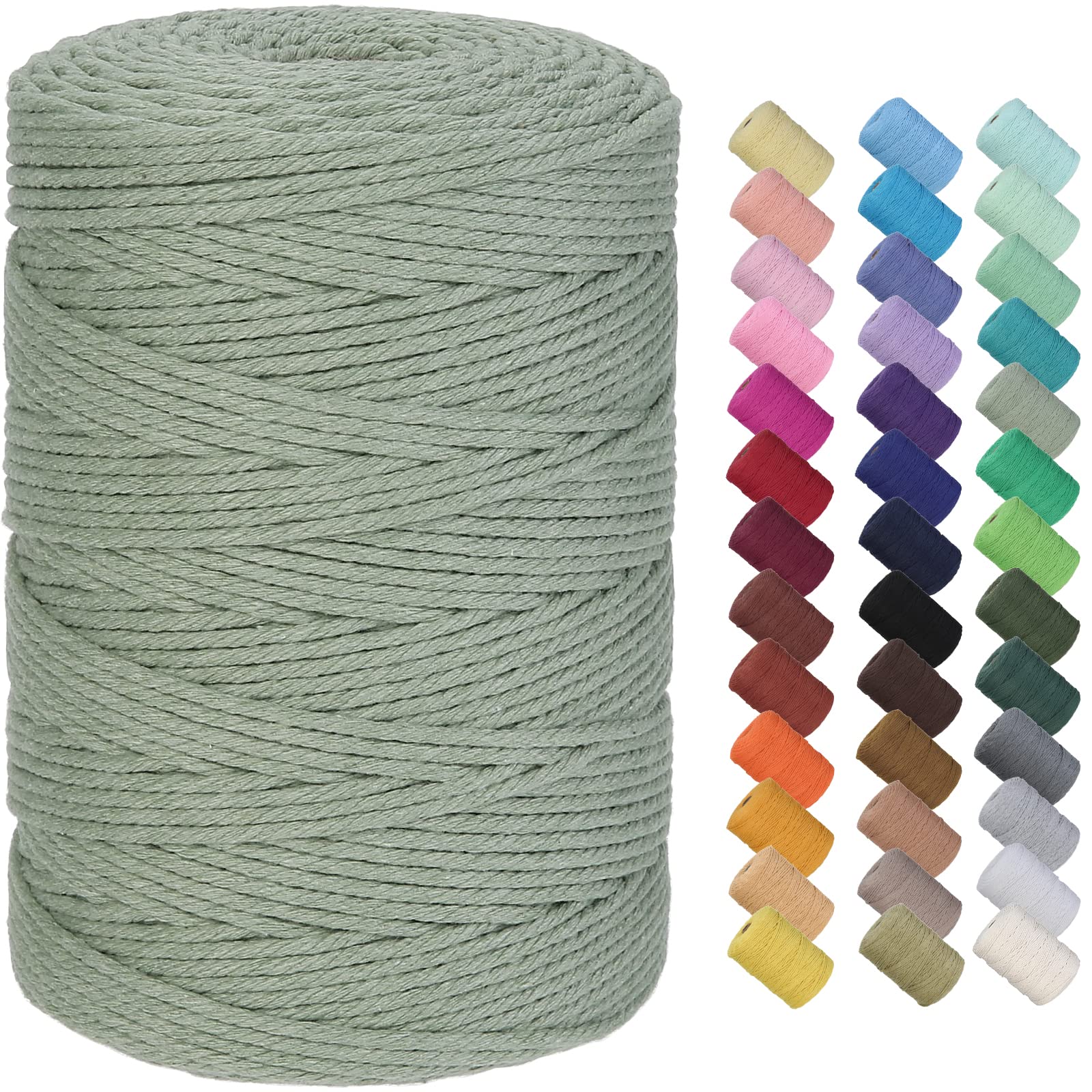 GOHOF Macrame Cord 3mm x 300m Premium Cotton Macrame Rope, 4 Strand Twisted Soft Cotton Cord, One of The Most Perfect Materials for Macrame Art, Cotton String Without Chemicals (Pea Green)