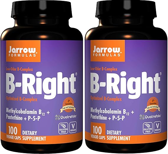 Amazon Com Jarrow Formulas B Right Optimized B Complex Methylcobalamin B12 Pantethine P 5 P Featuring 4th Generation Folic Acid Technology Vegan And Gluten Free 100 Veggie Caps Pack Of 2 Health Personal Care