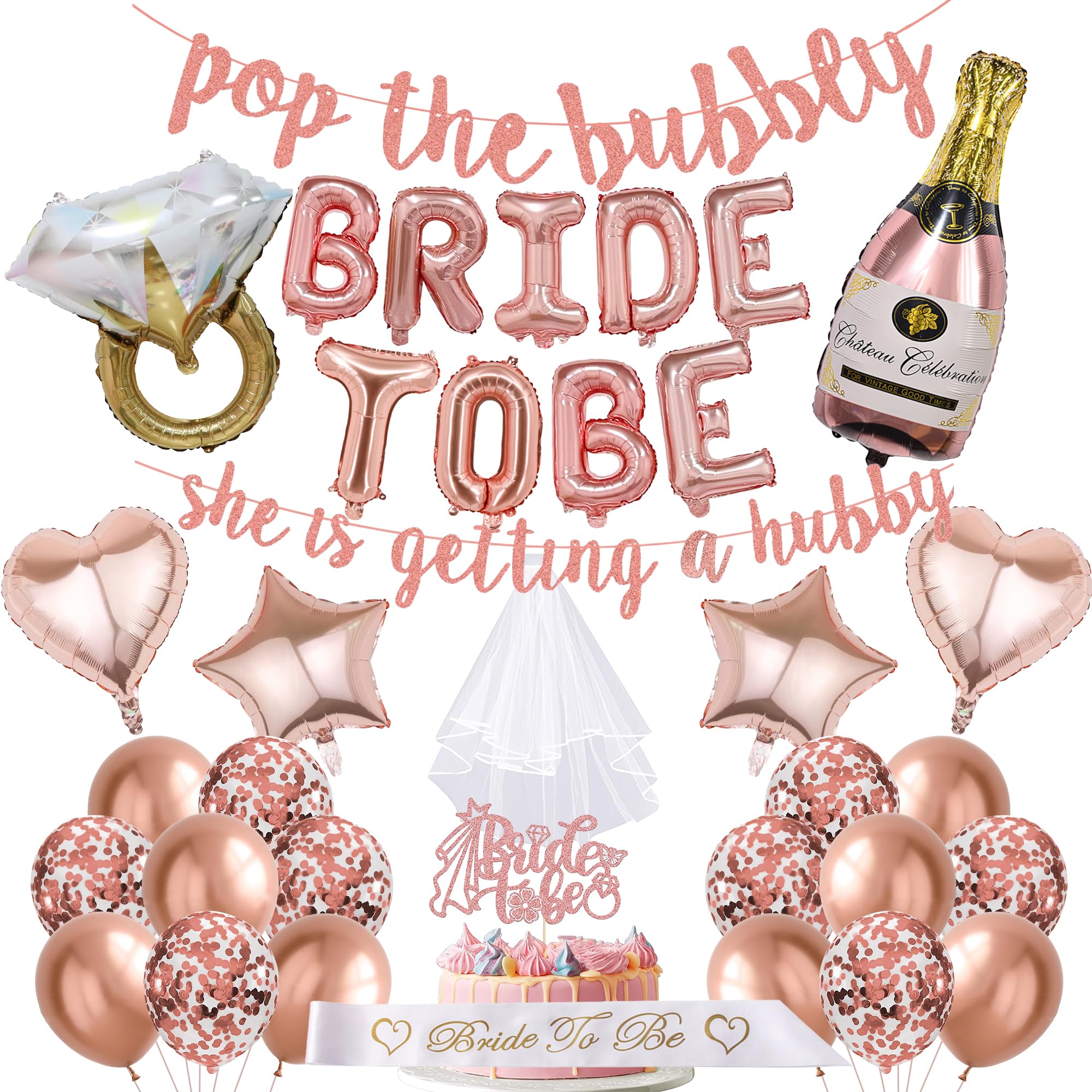 Hen Party Decorations, Rose Gold Bridal Shower Decorations Bride To Be Balloons Banner Pop The Bubbly Banner White Bridal Wedding Veil with Comb Diamond Ring Balloons for Hen Night Engagement Party