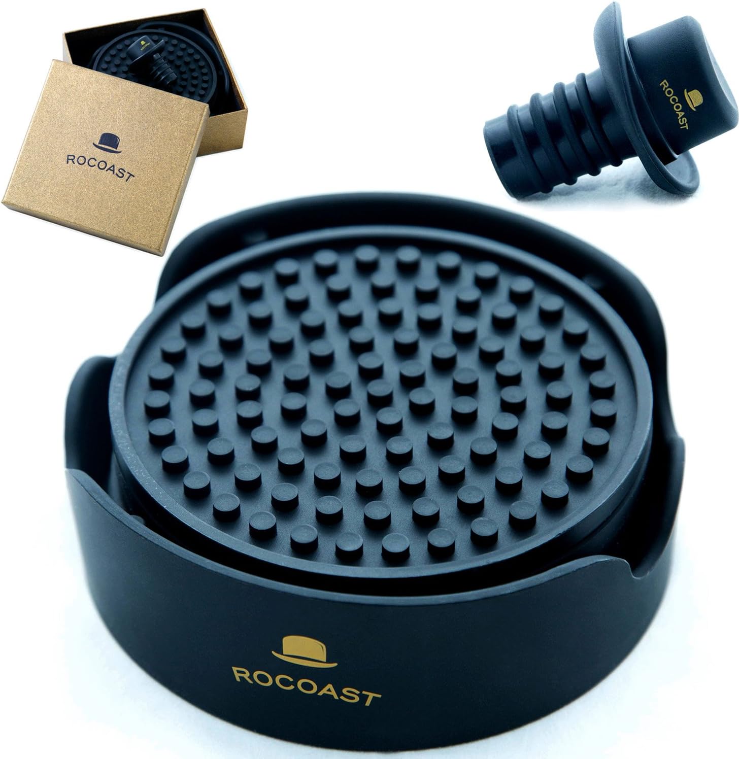 Coasters for Drinks with Holder Set of 6 Black Large 4.33 inch (11 cm) Size + Wine Bottle Stopper Bonus - Leak-proof Protection for Furniture against Condensation and Water Stains