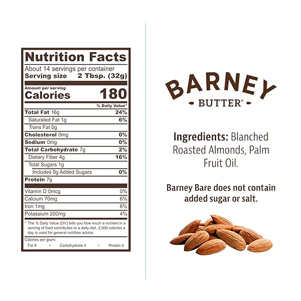 BARNEY BUTTER ALMOND BUTTER, BARE SMOOTH, 16 OUNCE JAR, NO ADDED SUGAR OR SALT, SKIN-FREE ALMONDS, NO STIR, NON-GMO, GLUTEN FREE, KETO, PALEO, VEGAN