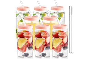 HOMBERKING Glass Cups with Silicone Lids 8pcs Set, 20oz Can Shaped Glass Cups with Straws, Beer Glasses, Iced Coffee Cups, Cute Tumbler Cup with Cleaning Brushes, Ideal for Cocktail, Tea, Gift, Pink