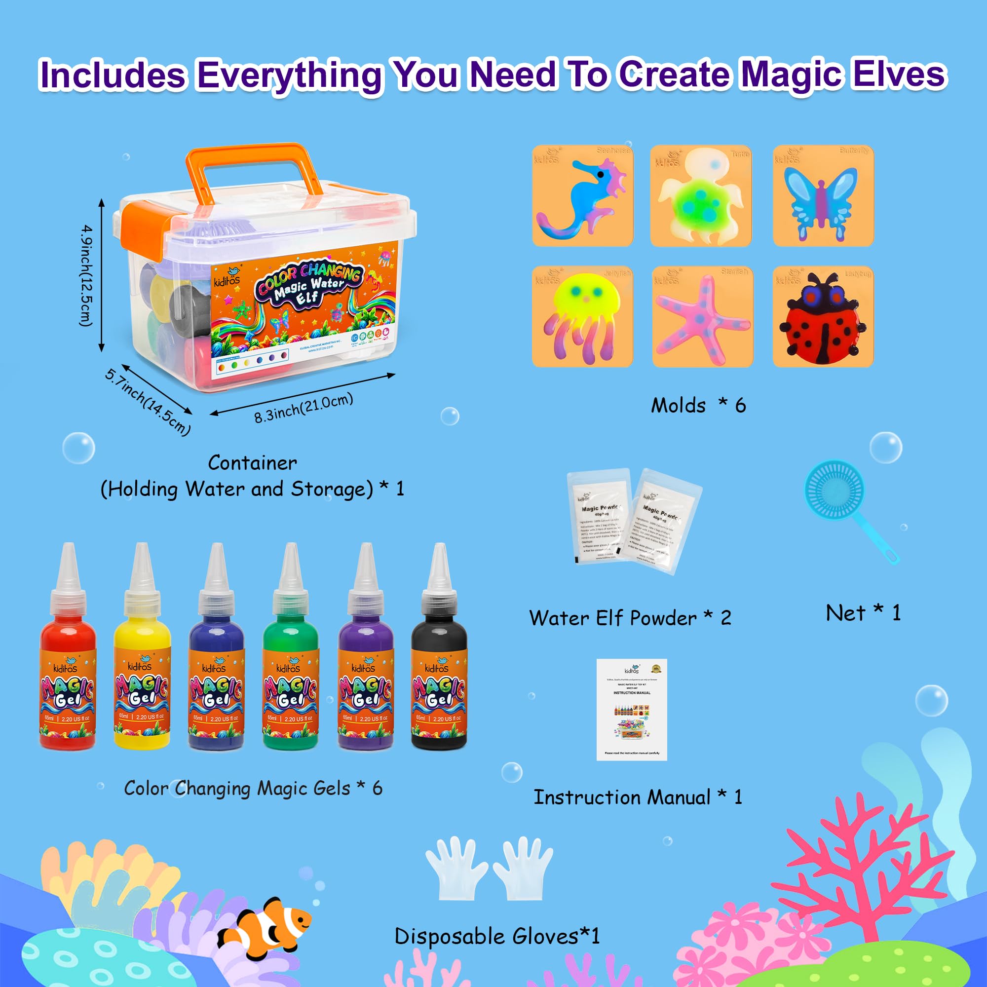 Kiditos Color Changing Magic Water Elf Toy Kit, Magic Aqua Fairy Water Gel Kit with 6 Color Changing Gels and 6 Molds. Christmas Gifts, Birthday Gifts, Party Favors, Arts&Crafts DIY STEM Kits for Kids
