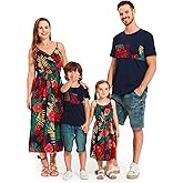 PATPAT Family Matching Outfits Mommy and Me Dresses Hawaiian Tropical Vacation Beach Spaghetti Strap Dress and Shirt