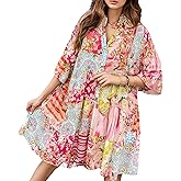 BEYINCUTE Women's Babydoll Mini Dress Boho Floral 3/4 Bell Sleeve Loose Short Shirt Sundresses Loose Fit Flowy Cover Up