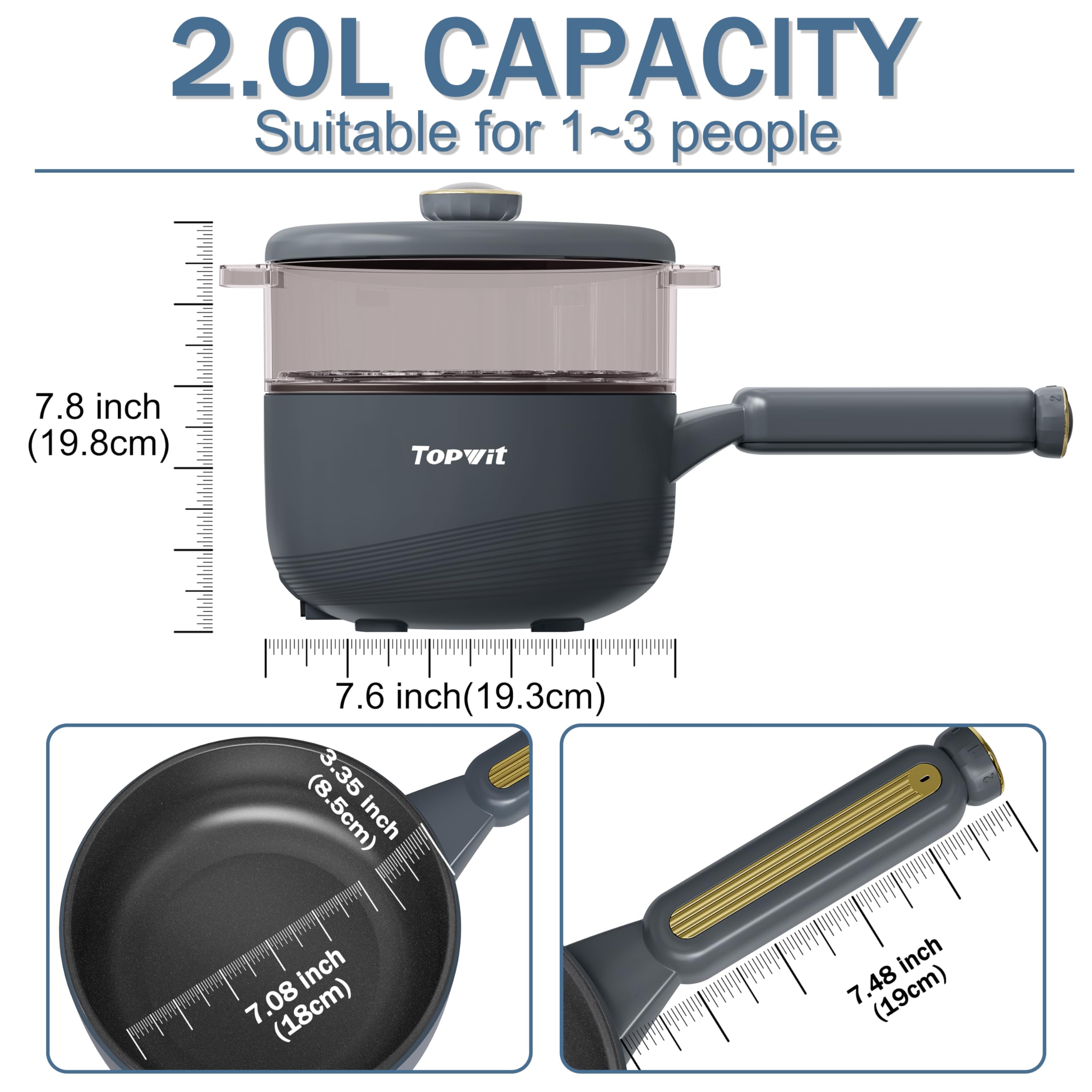 TOPWIT Hot Pot Electric with Steamer, 2L Multifunctional Electric Pot, Non-Stick Sauté Pan, Portable Pot for Steak, Fried Rice, Ramen, Soup with Dual Power Control (Silicone Spatula Included), Grey