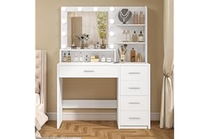 FIONESO Vanity Desk with Mirror and Lights, Makeup Vanity with 5 Drawers and 3 Storage Shelves, 3 Color Modes & Adjustable Brightness Dressing Table, Vanity for Girls, White