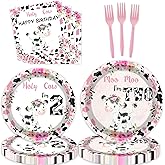 80 Pcs Holy Cow I'm Two Girls Birthday Decorations Moo Moo I'm Two Paper Dinner Plates Napkins Forks Dinnerware for Farm Animals Cow Themed Girls 2nd Birthday Party Supplies