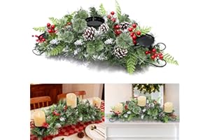 TURNMEON 30 Inch Christmas Table Centerpiece with 3 Candle Holders, Christmas Centerpieces for Dining Table, Red Berry Pinecone Snowy Pine Cypress Metal Base Xmas Winter Tabletop Decor, Fire Retardant&Foldable