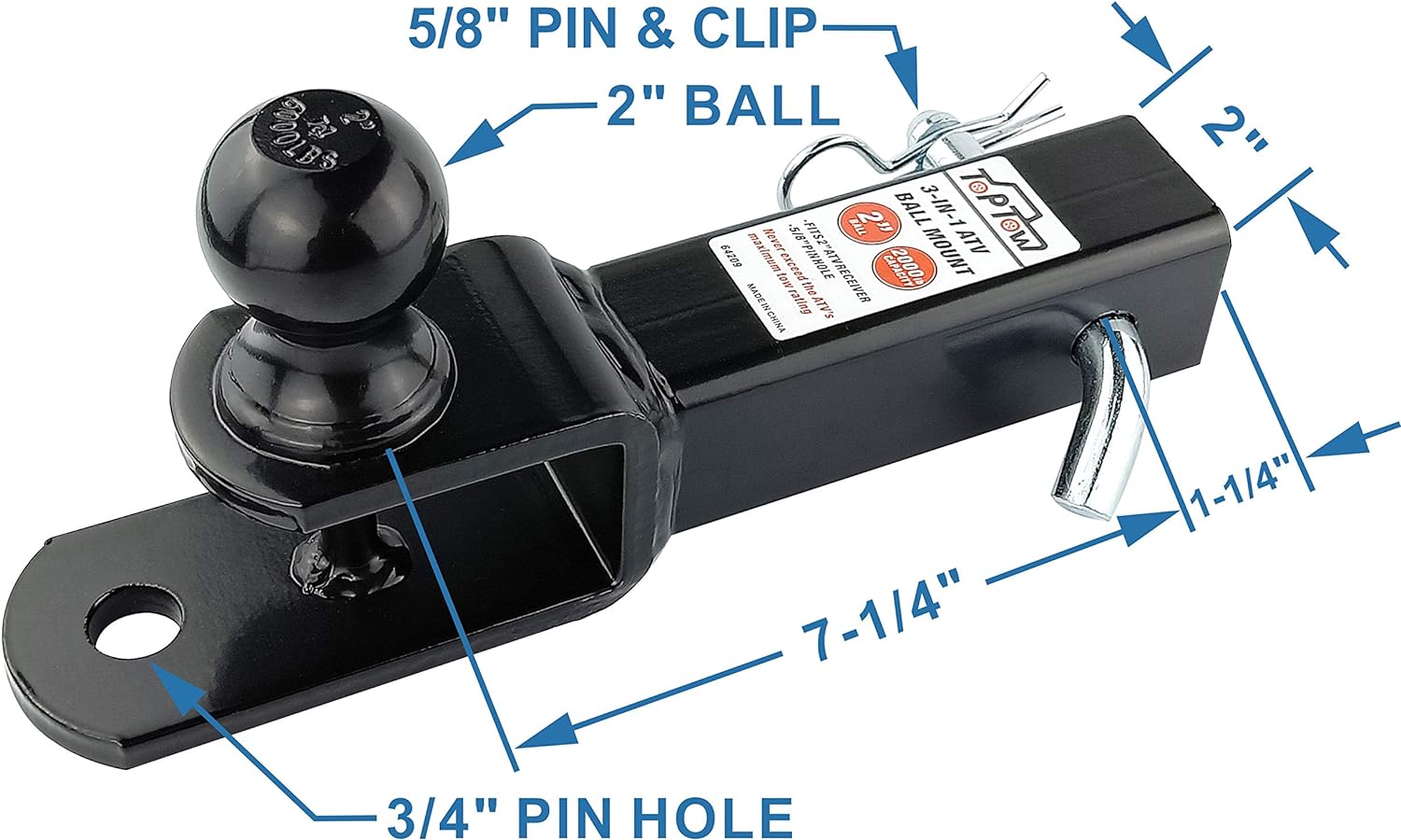 TOPTOW 3 in 1 ATV/UTV Towing Hitch Receiver 64209 Ball Mount Adapter with 2 inch Ball, Fit for 2 inch Receiver: Automotive
