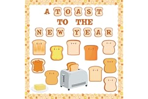 BkeeCten 97pcc Cute Toast New Year Bulletin Board Set with 10 Sheets Glue Dots, A Toast to The New Year Cartoon Toast Paper Cut-Out for Winter Season Happy New Year Classroom Bulletin Board Decor