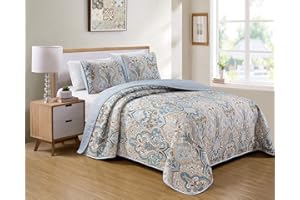 Luxury Home Collection 3 Piece King/California King Quilted Reversible Coverlet Bedspread Set Floral Printed Blue Taupe