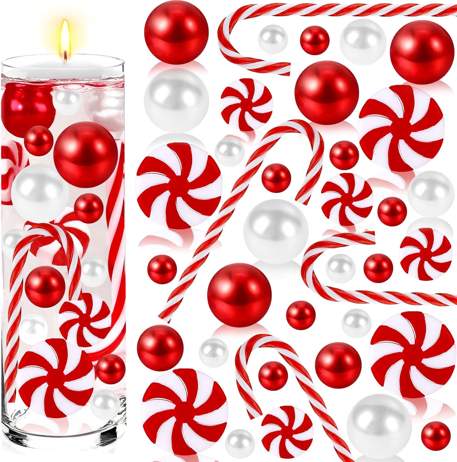 Vase Fillers - XIMISHOP 7106pcs Christmas Vase Filler,White Red Candy Cane Vase Filler Floating Pearls Candles Clear Water Beads Pearl Beads for Christmas Holiday Home Decoration