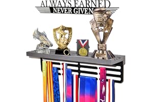 TL TONLOK Trophy and Medal Display Shelf , Medal Holder Display with Wooden Trophy Shelf , Medal Hanger Display , Race Medal Rack for Gymnastics··· Always Earned Never Given with 50+Easy to Install (GRAY)
